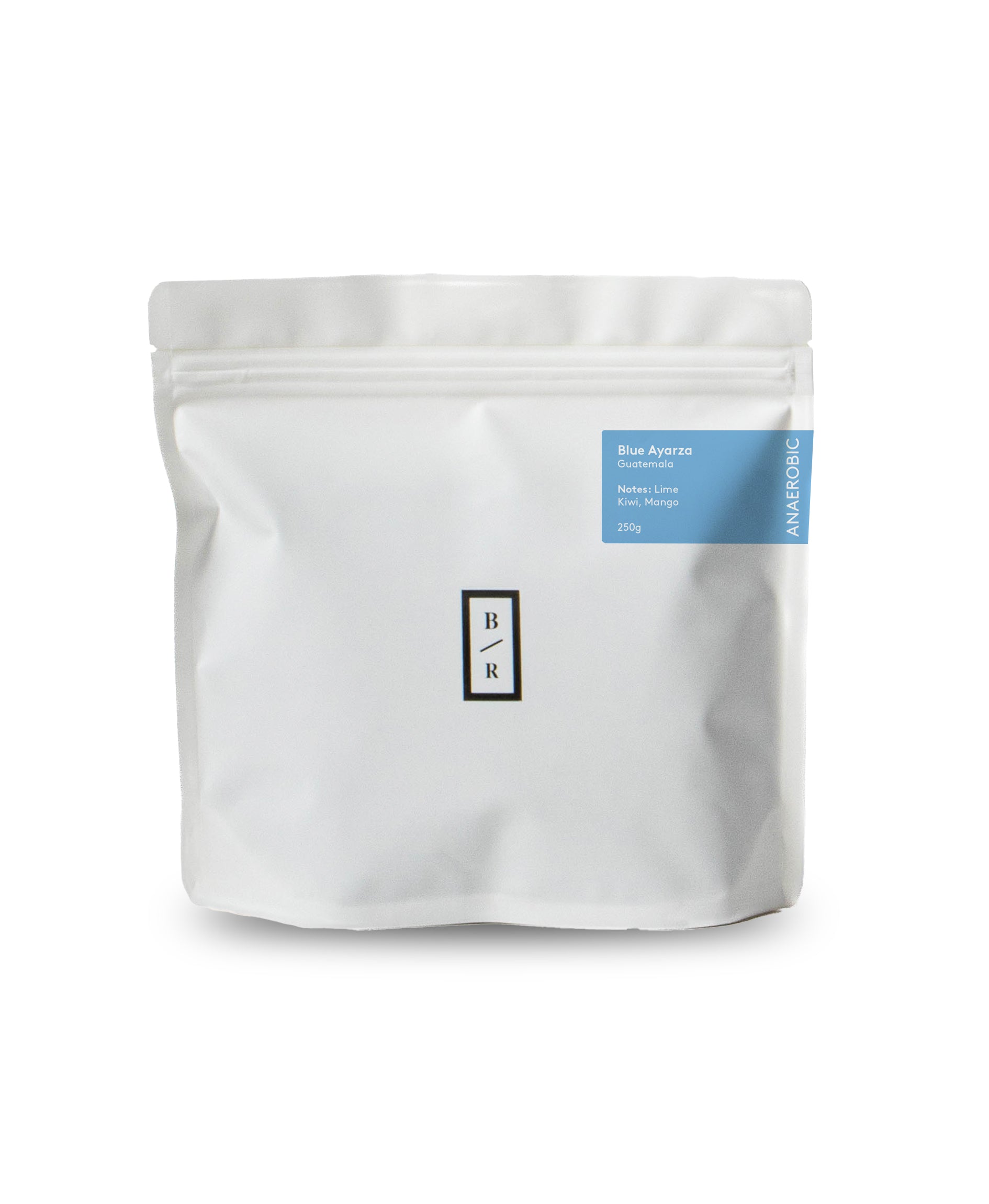 White coffee packaging with a blue label on a white background